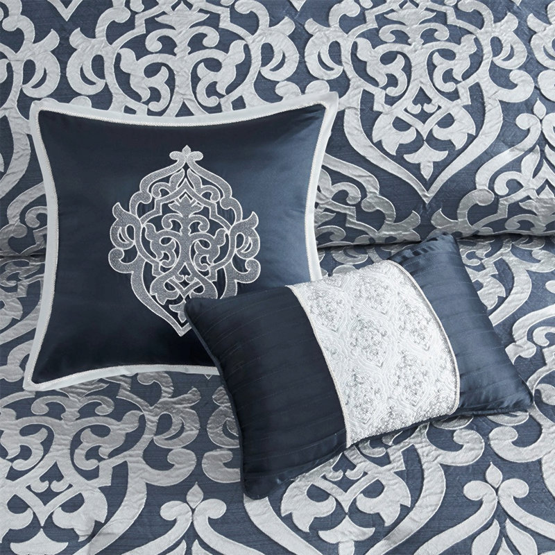 Ensemble d'édredon 8 pièces jacquard bleu marine / argent grand, Marine / Aargent, Édredon grand + 7 pièces supplémentaires