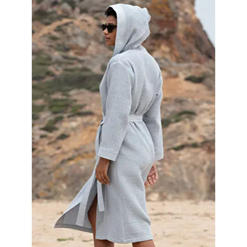 Peignoir mi-mollet en coton avec poches et capuche, Bleu gris, S
