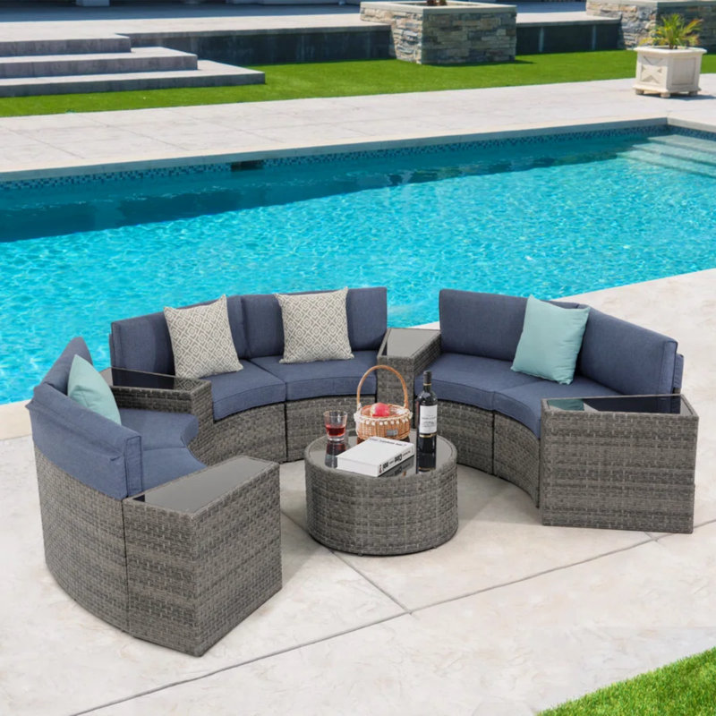 Ensemble de conversation de patio en osier avec coussins, Structure grise / coussin bleu marine