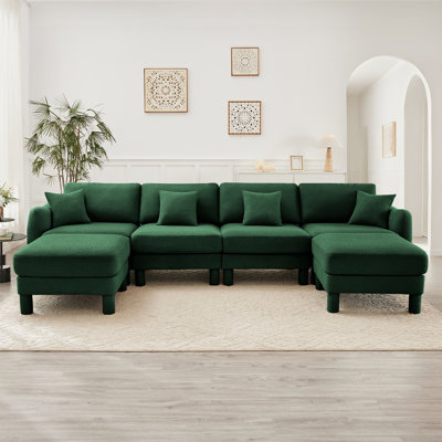Boucle Fabric U Shape Sectional 4-seater Sofa Couch With Distinctive Shell-shaped Armrests And 2 Movable Ottomans,Cylindrical Legs Wrapped with Self-fabric