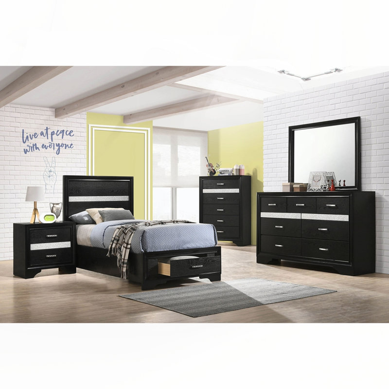 Black Twin Storage Panel Bed, Twin, Black
