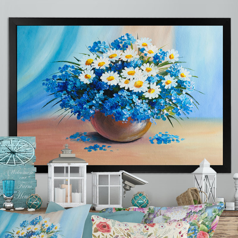 Nature morte fleurs bleues et blanches dans un vase - reproduction sur toile avec cadre flottant, Toile avec cadre noir