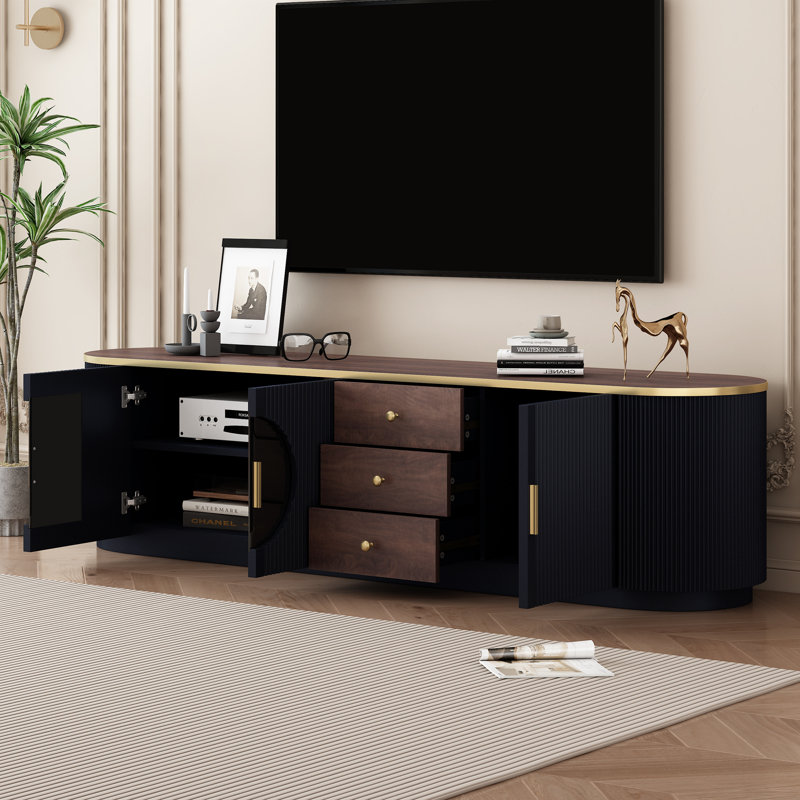 Console de télévision, meuble télé minimaliste moderne, centre de divertissement avec 3 tiroirs et 1 tablette, Noir / brun