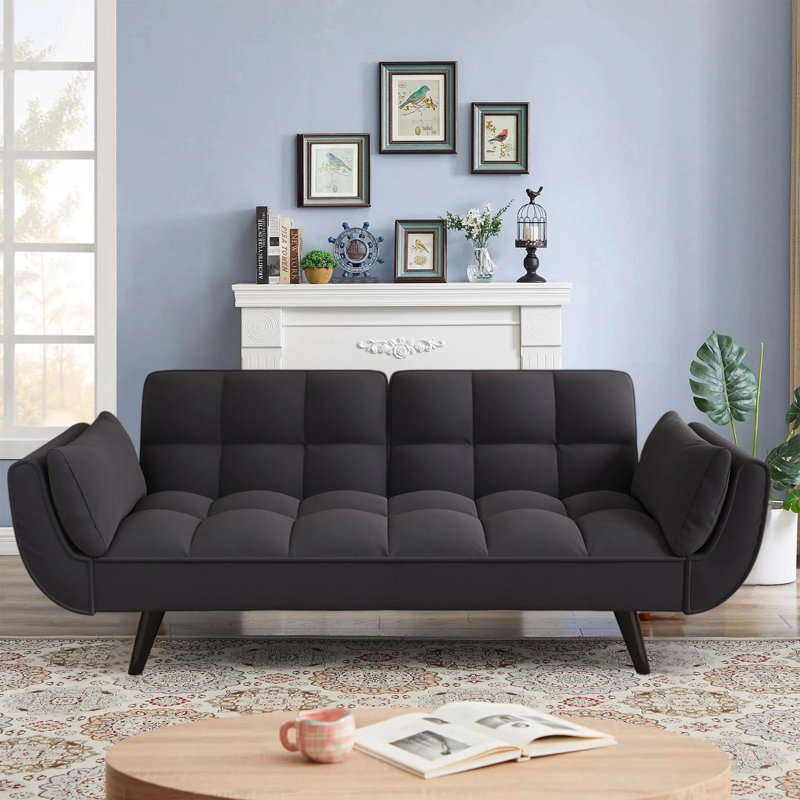 Esung75" Grid Tufted Futon Convertible Sofa Bed for Home Office, 2 Arm Pillows, Velvet, Black Velvet