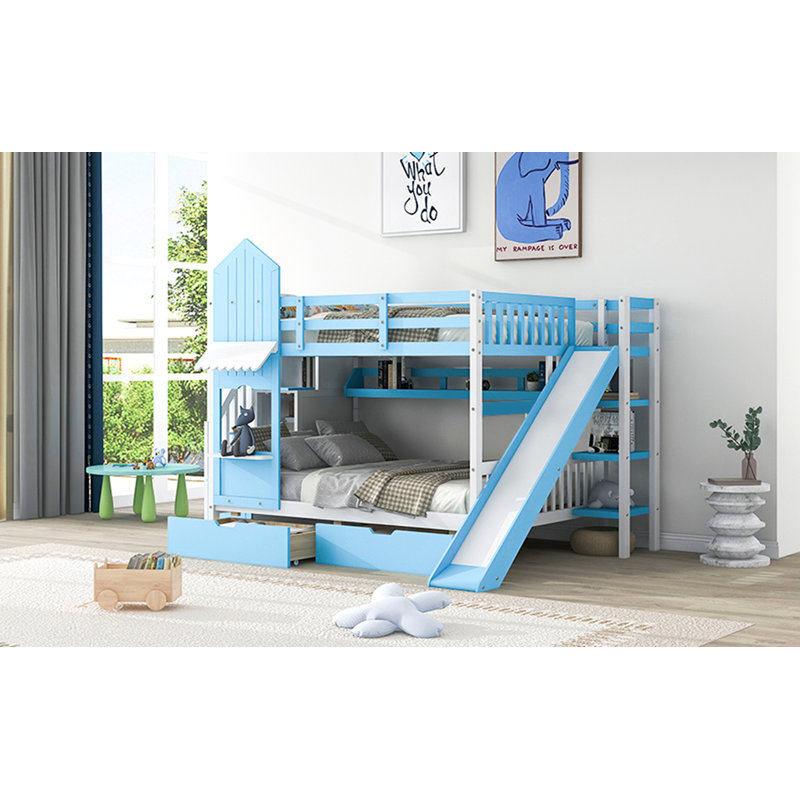Lit superposé de style château double avec 2 tiroirs, 3 tablettes et glissière - bleu, Lit superposé double sur double, Bleu