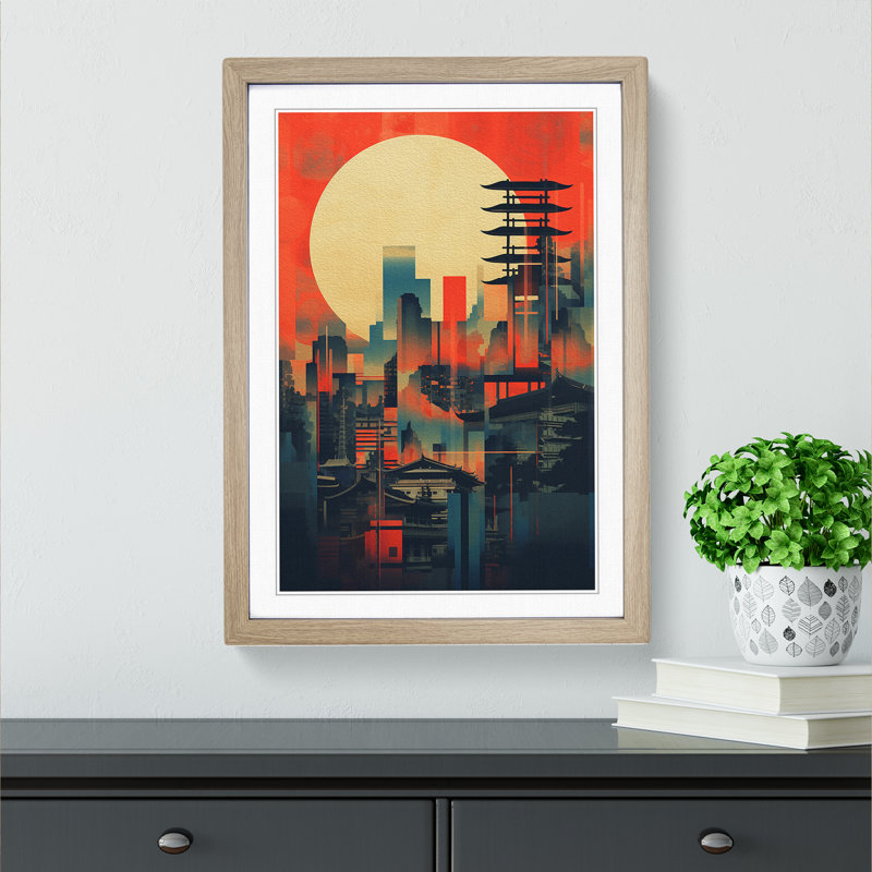Japanese Sunset Constructivism - Single Picture Frame Print on Wood, 64cm H x 46cm W x 2cm D, Oak 