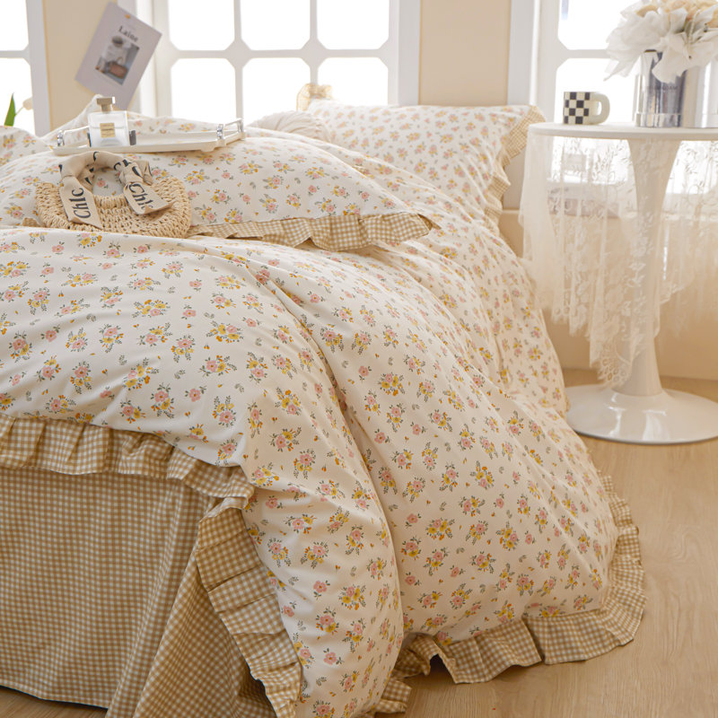 Muti-Floral Pattern Ruffle Laced Cotton Duvet Cover Set, Queen Duvet Cover + 2 Standard Pillowcases, Yellow