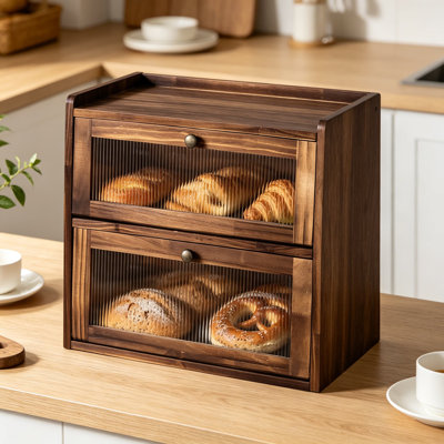 Bread Box for Kitchen Countertop, Large Capacity Wooden Bread Storage Container Bin, 2 Layer Bread Holder with Acrylic Window, Farmhouse Vintage Bread Keeper for Freshness and Organization