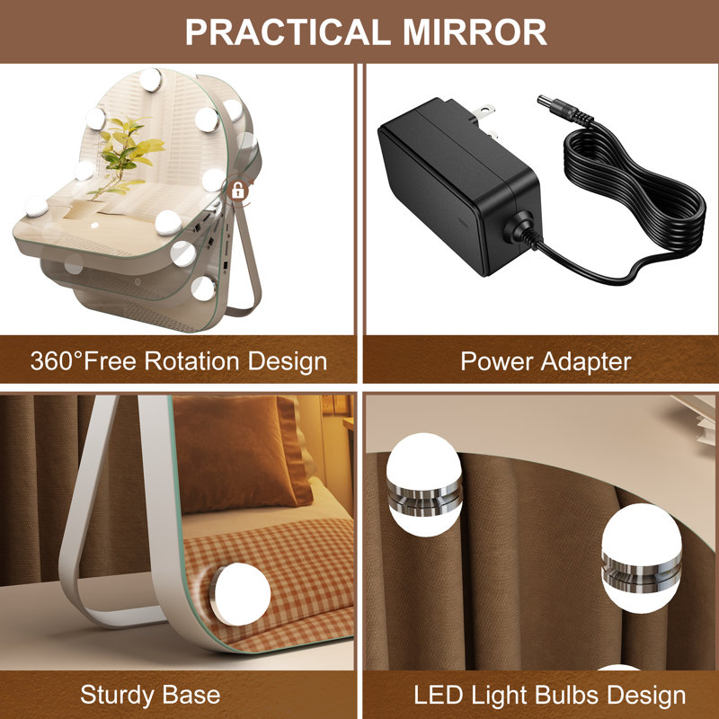 Miroir Hollywood avec 7 ampoules, miroir de coiffeuse de table, support en métal blanc, loupe 10X
