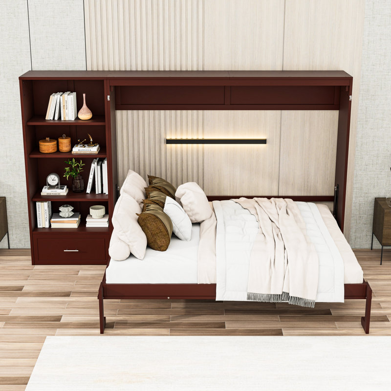 Grand lit escamotable avec rangement réglable, tablette et tiroir - Lit escamotable mural peu encombrant pour petites pièces, noyer