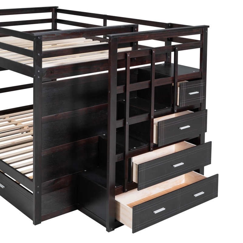 Jaleil Full Over Full Bunk Bed with Trundle and Staircase, Espresso