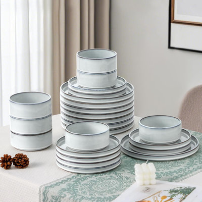 18 PCS Dinnerware Sets for 6, Stoneware Dinner Plates and Bowls Set Dishware Dish for Home Kitchen Dining, Rustic Terracotta Bottom, Dishwasher & Microwave Safe, Lucent White