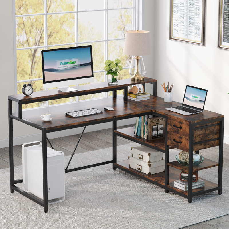 Reversible L -Shaped Computer Desk with Monitor Stand, Rustic Brown/Black