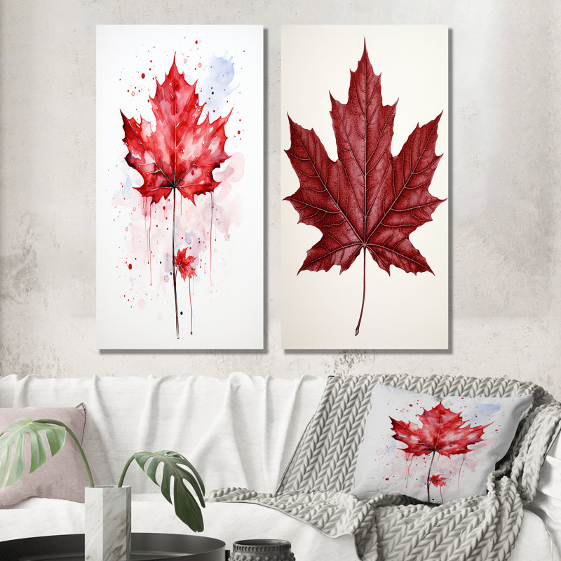 Red Maple Leaf Beauty I - ensemble de 2 décorations murales feuille d'érable, H 28 po x l 25 po, Toile tendue
