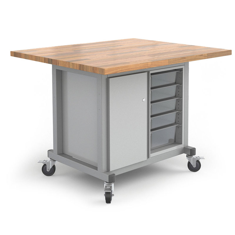 Explorer Maker table with 1 Bin module with bins & 1 Storage module with locking doors