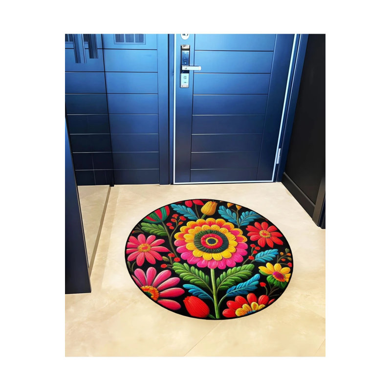 Multicolored Flowers Woven Base Modern Decorative Carpet, Round 4'