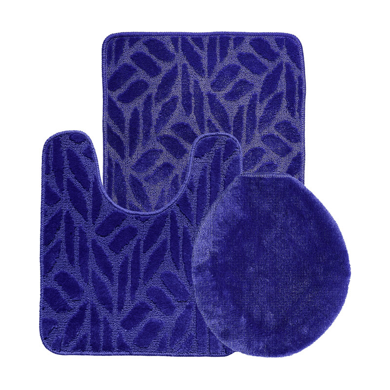 Bath Set 3 Piece Anti-Slip Leaf Bathroom Mat, Large Contour Mat & Toilet Seat Lid Cover, Navy