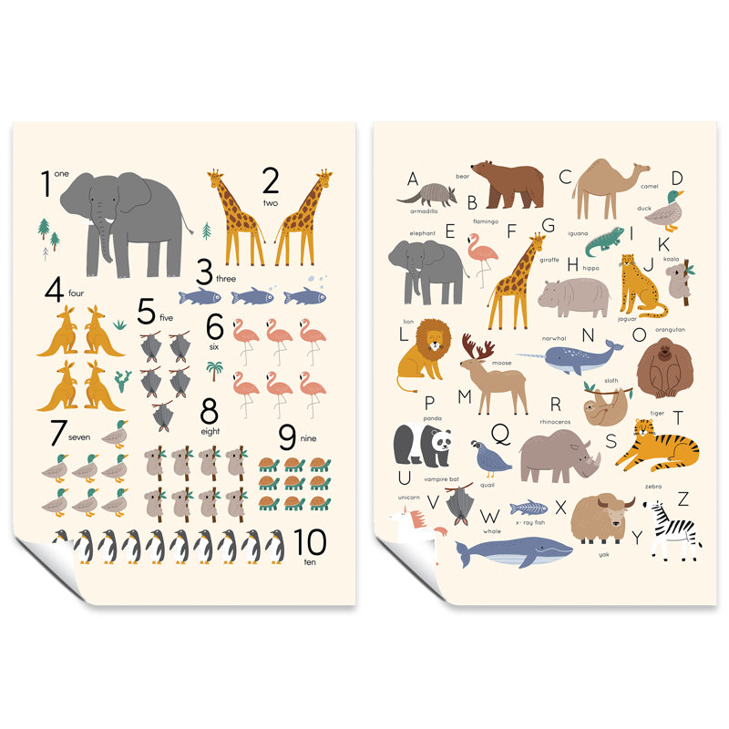Alphabet, Numbers And Animals Educational Classroom - 2 Piece No Frame Print Set, 29.7cm H x 21cm W