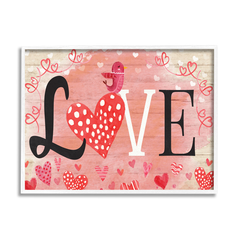 Oiseau romantique à motif de cœurs à motif d'oiseaux encadré par ND Art, H 24 po x l 30 po x P 1,5 po