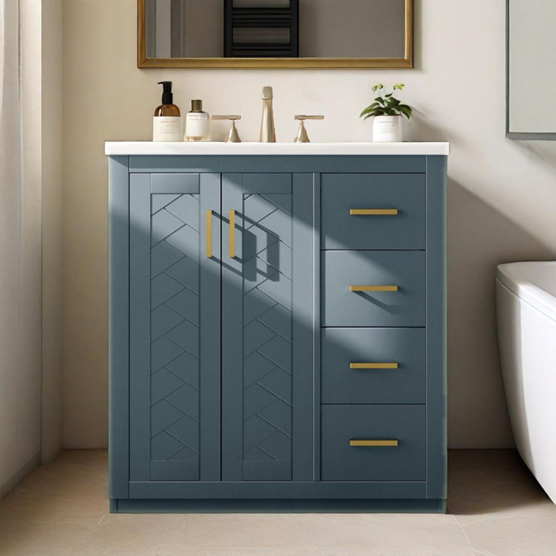 Ensemble de meuble-lavabo autoportant 30 po avec lavabo en céramique, 3 tiroirs et portes à fermeture douce, Bleu