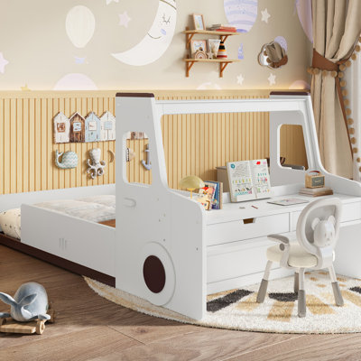 Lit voiture simple blanc - structure à profil bas avec plancher de rangement et d'étude dans une fenêtre enfantine, rangement, bureau
