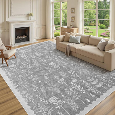 2x6 Washable Floral Runner Rug, Non-Slip, Low-Pile, Scalloped Pattern for Kitchen, Hallway, Laundry, Bathroom, Green