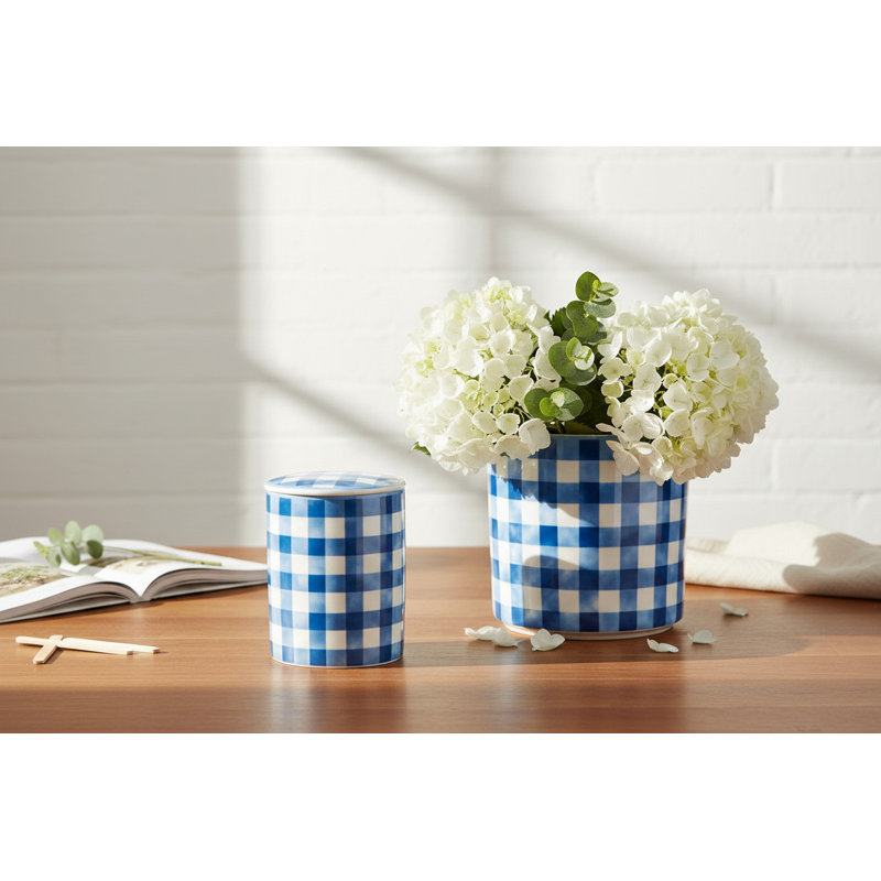 Porcelain Round Planter Pot Blue Checker