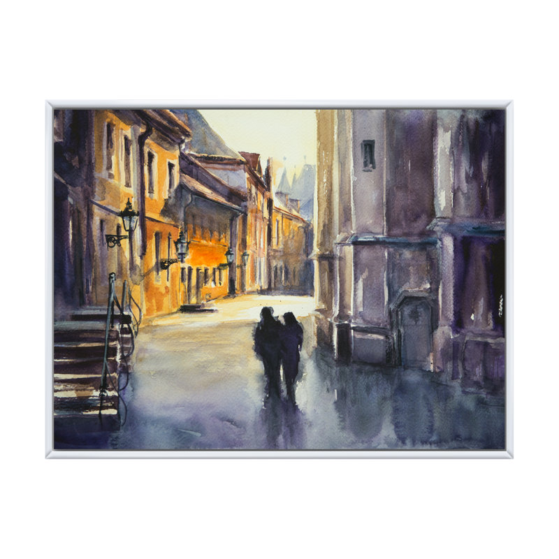 Couple qui marche dans la ville - Cadre photo, impression sur toile, H 8 po x l 12 po x P 1,5 po, Cadre flottant blanc