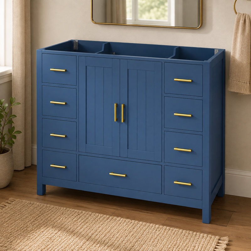 Meuble-lavabo bleu de 42,14 pouces avec portes doubles à fermeture en douceur et 9 tiroirs