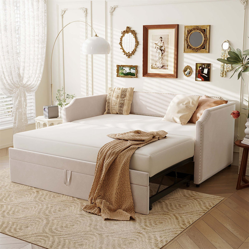 Twin Size Velvet Upholstered Daybed With Pop Up Trundle, Beige, Perfect For Small Spaces And Sleepovers, Beige