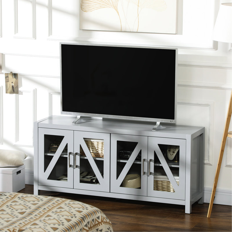 Meuble télé pour téléviseur de 58 po gris avec 4 portes en verre, tablettes réglables et trous pour câbles