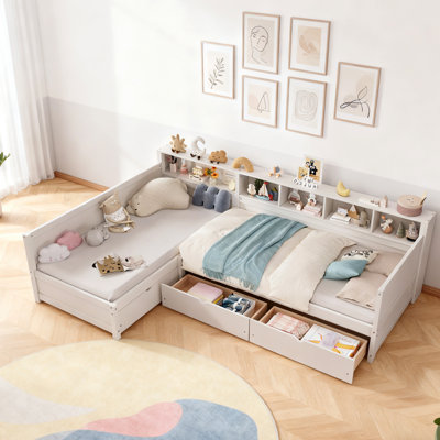 L Shape Day Bed Frame Twin Size 3 Drawers with Bookshelf