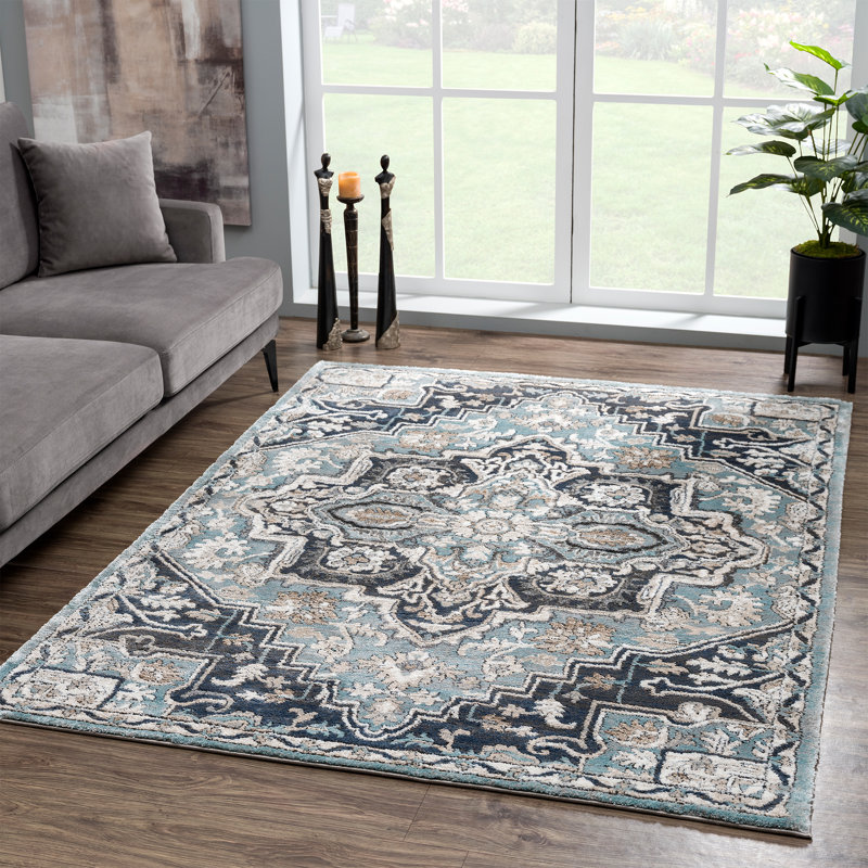 Tapis bleu tissé à la machine, Rectangle 7 pi 10 po x 10 pi 6 po