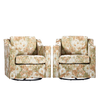 Big And Wide Upholstered Sand Floral Cushion Swivel Armchair With Removable Back And Seat Cushion