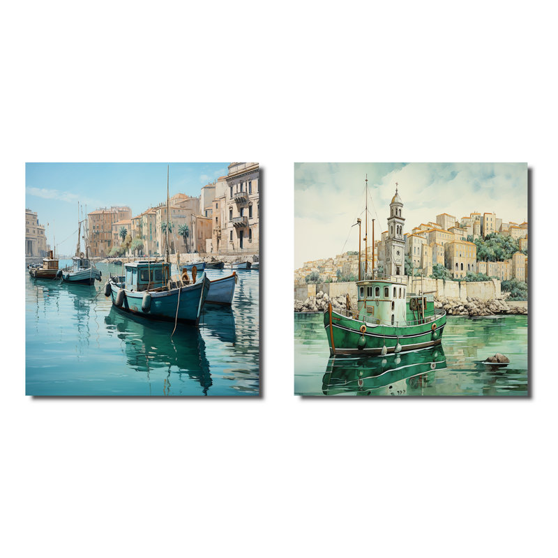 Vieux port dans le sud de la France - ensemble de 2 collages carrés, Toile tendue, H 36 po x l 73 po