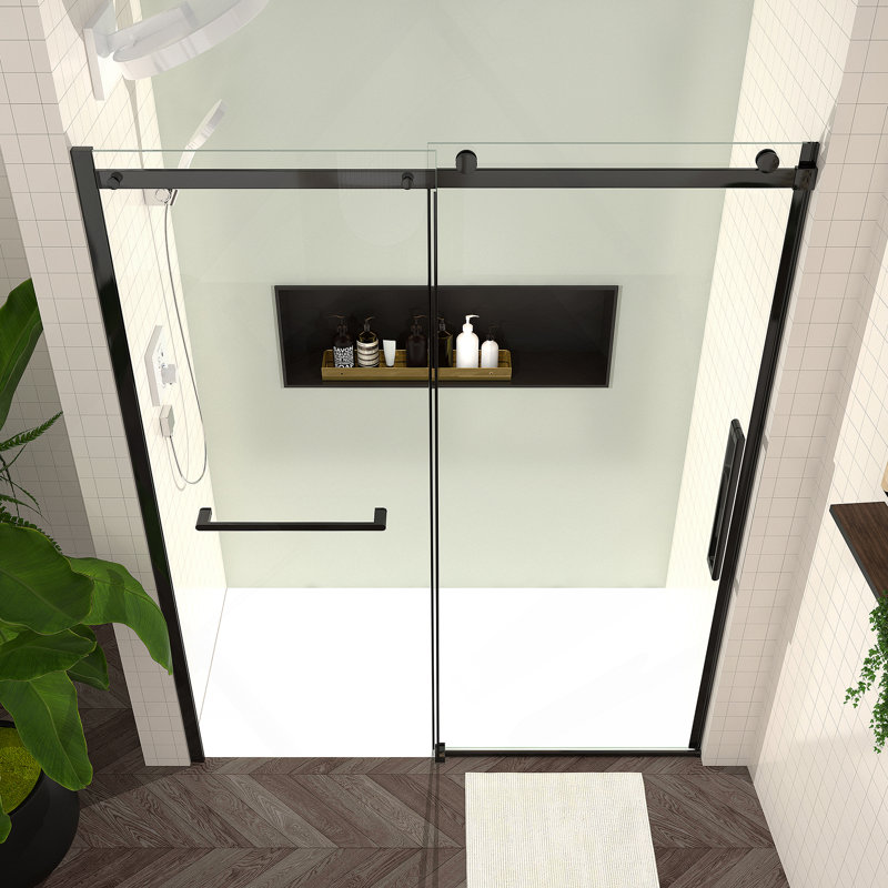 56-60"W x 76"H Sliding Shower Door, 8mm Frameless Glass Shower Door with Matte Black Hardware, Towel Bar and Handle,Drop Shipping available