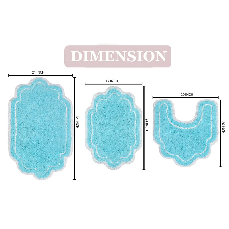 Dobrinka Cotton Bath Rug Set, Machine Washable, Quick Dry, Absorbent - 3 Piece Set with Contour, Turquoise