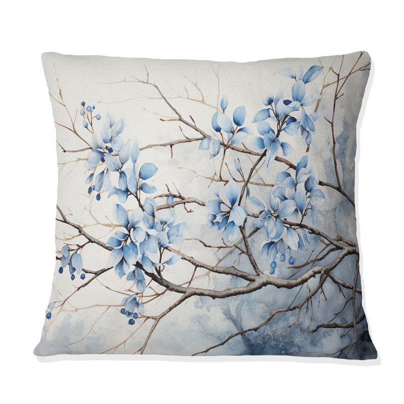 Coussin bleu et gris à motif de feuilles sur une branche, 16" x 16"