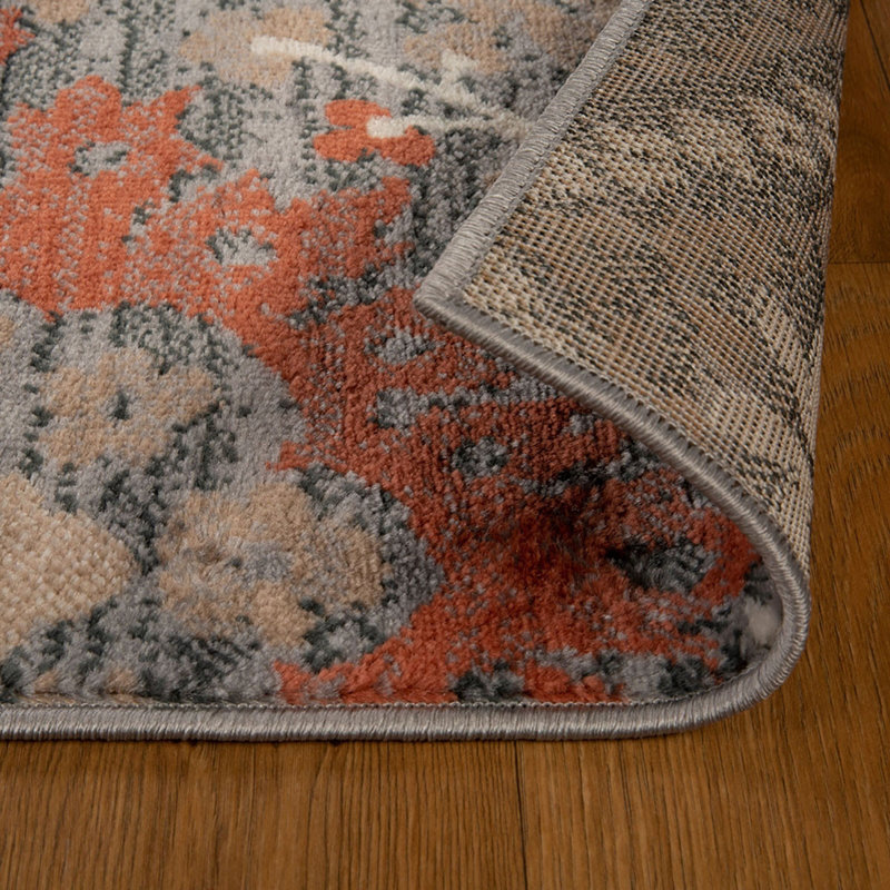Tapis gris / rouge en polypropylène tissé à la machine 3 pi x 10 pi Floral, Tapis de couloir 2 pi 9 po x 10 pi