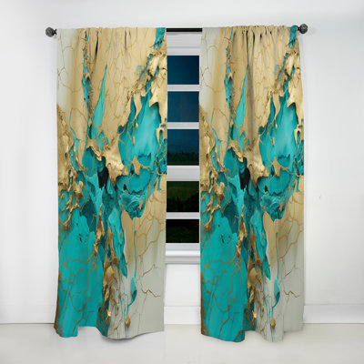 Khailynn - Turquoise Gold Captivating Liquid Ink - Abstract Marble Curtain - Velvet Room Darkening - 1 panel