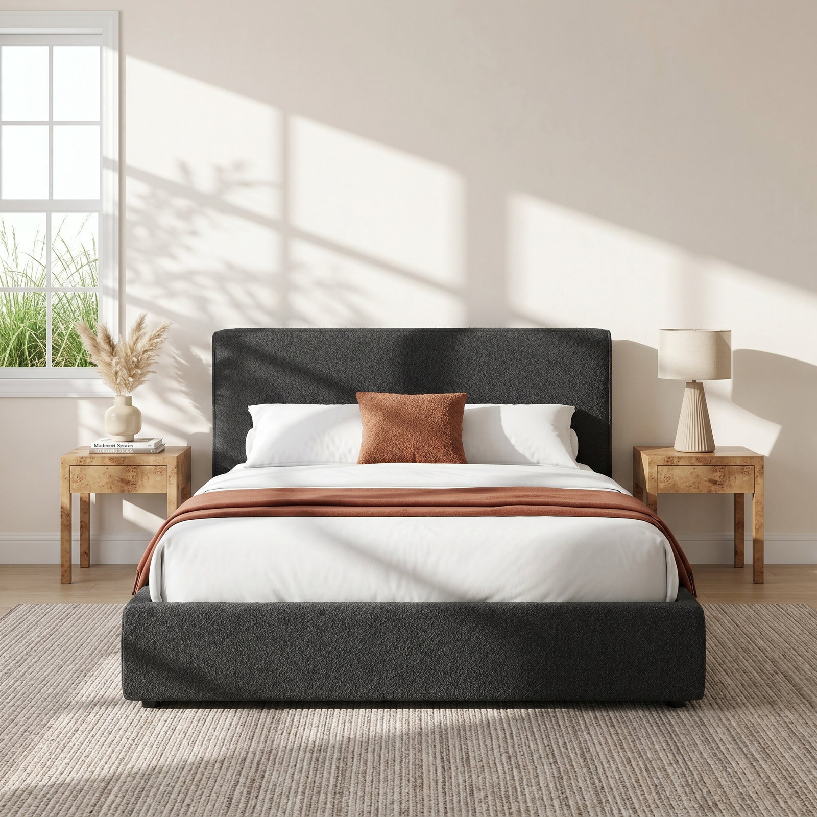Chaylin Platform Bed, Queen, Black Boucle Fabric
