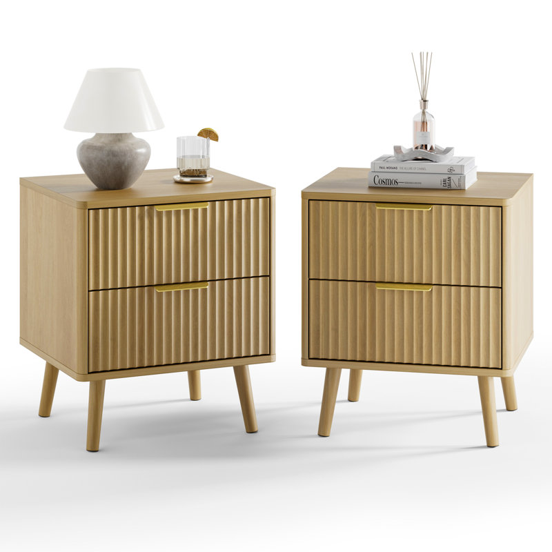 Fluted Nightstand With Curved Profile Design, 2-Drawer End Table, Bedside Table For Bedroom, Living Room, Oak