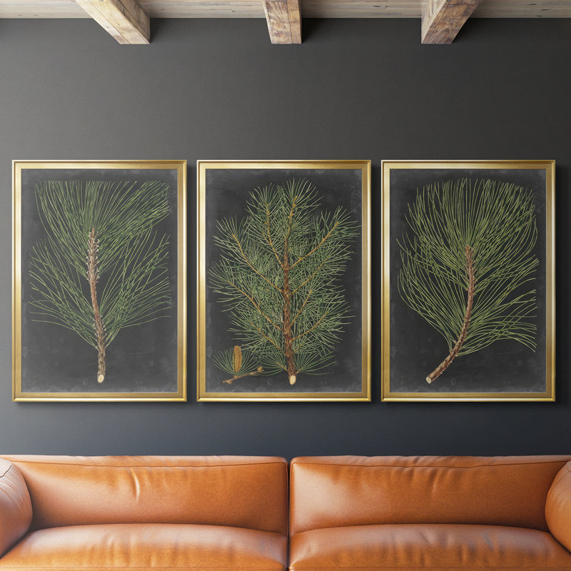 Dramatic Pine I - Toile tendue avec châssis sur mesure - 3 pièces, H 30 po x l 63 po, Doré