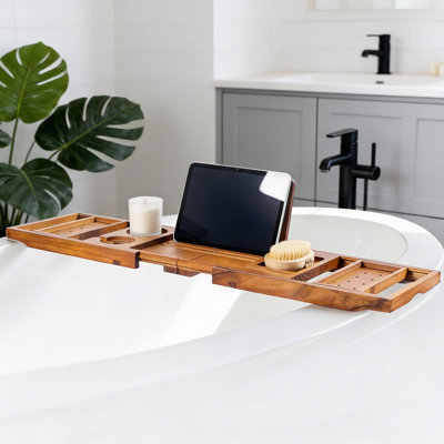 Plateau pour baignoire en teck avec support pour verres à vin et support pour téléphone | Serviteur de relaxation spa pour la lecture et les articles de bain essentiels