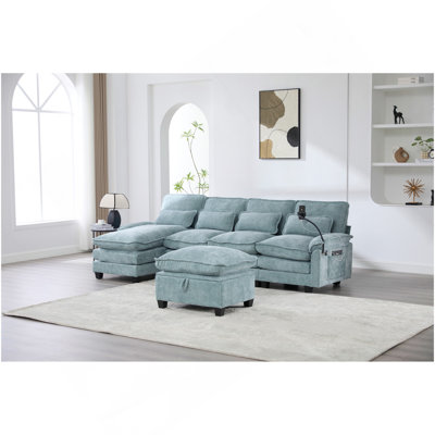 106" U Shape Sectional Sofa Cloud Couch For Living Room, Upholstery Comfy Modular Sofas, 4 Seat Chenille U-Shaped Sleeper Sofa With Chaise Lounge, Ottoman & Pillows