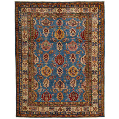 6x8 Blue and Ivory Kazak Tribal Rug