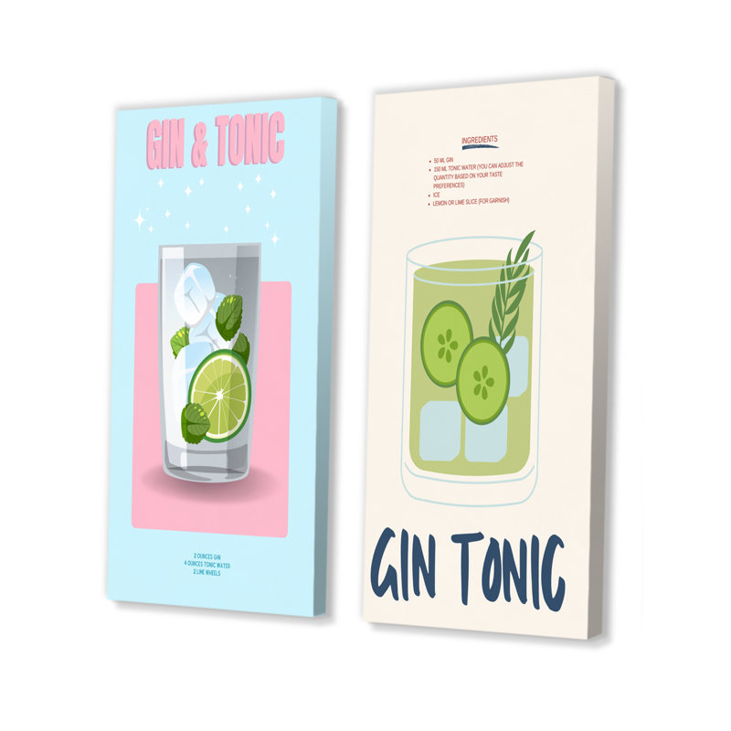 Ensemble de 2 pièces d'art mural gin et tonique dans un verre à whisky, Ne s’applique pas, Toile tendue sur cadre