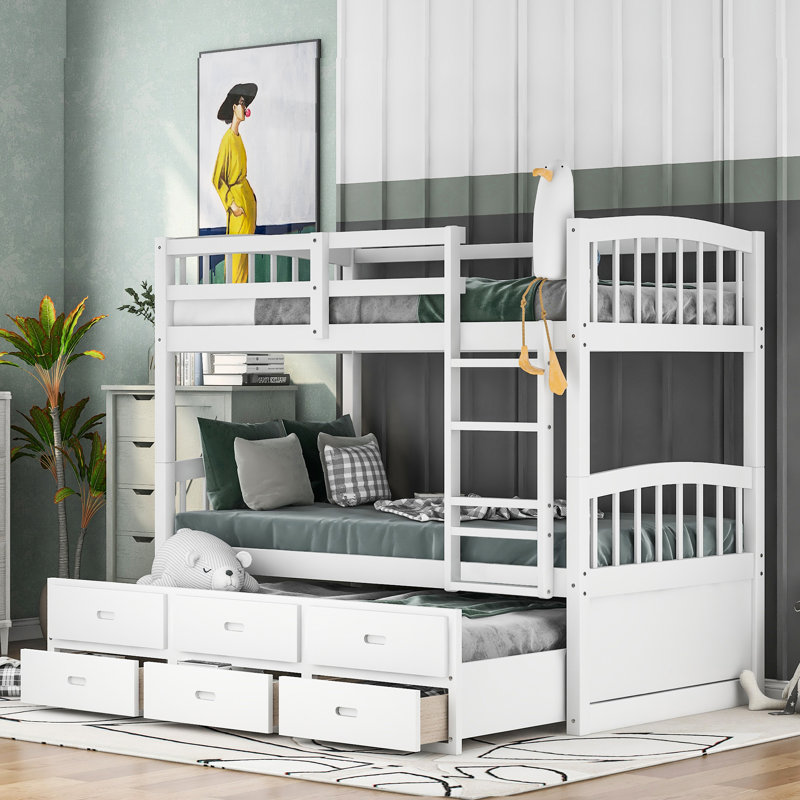 Lit simple superposé au dessus d'un lit en bois blanc avec lit gigogne - Rangement pratique pour les lits simples et les tiroirs