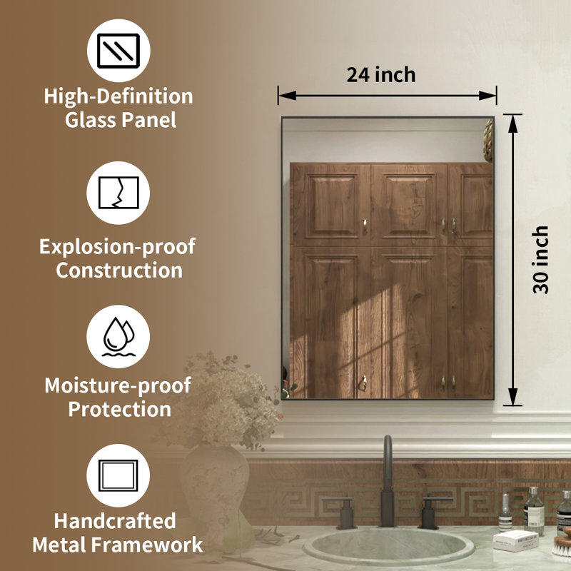  Kaydeigh 24 in. W x 30 in. H  Rectangular Framed Wall Bathroom Vanity Mirror in Matte Black, Matte Black, 24" x 30"