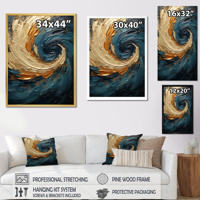 Impression sur toile Golden Sapphire Surge II - Abstract Spirals, H 44 po x l 34 po x P 1,5 po, Cadre flottant doré